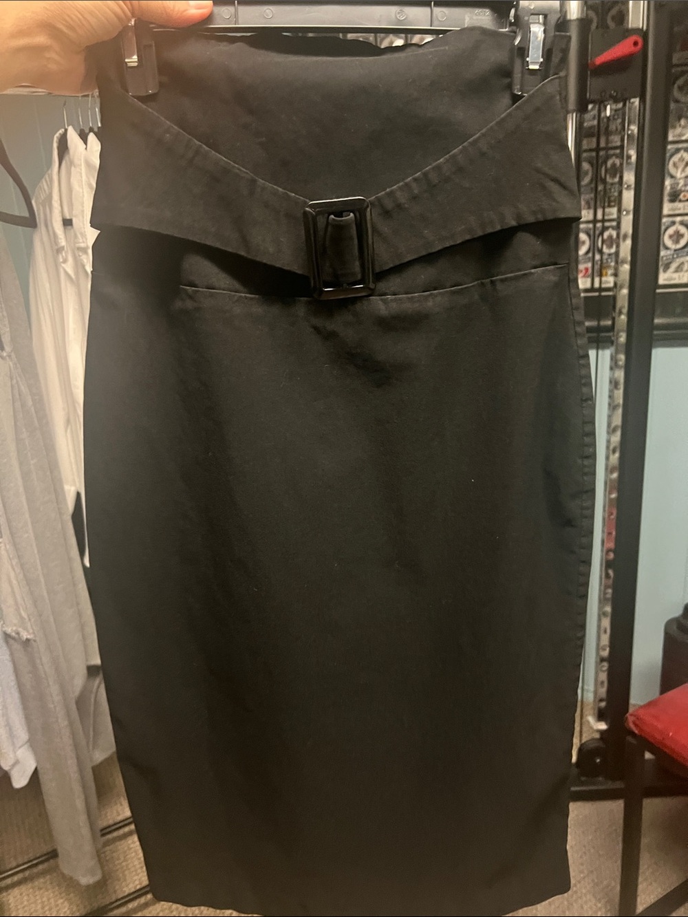 High-Waist Black Pencil Skirt with Statement Buckle